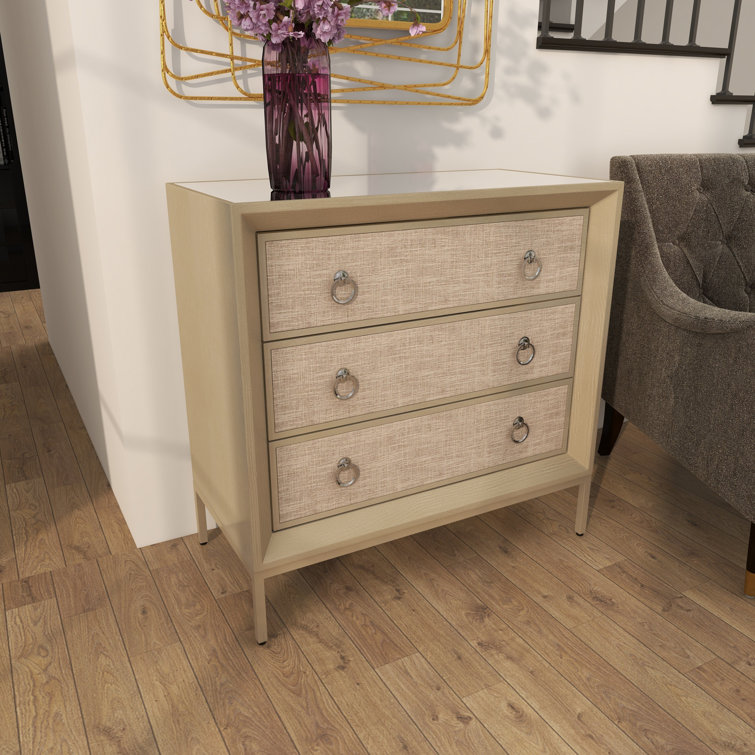 Beige Upholstered 3 Drawer Chest with Mirrored Top and Ring Handles