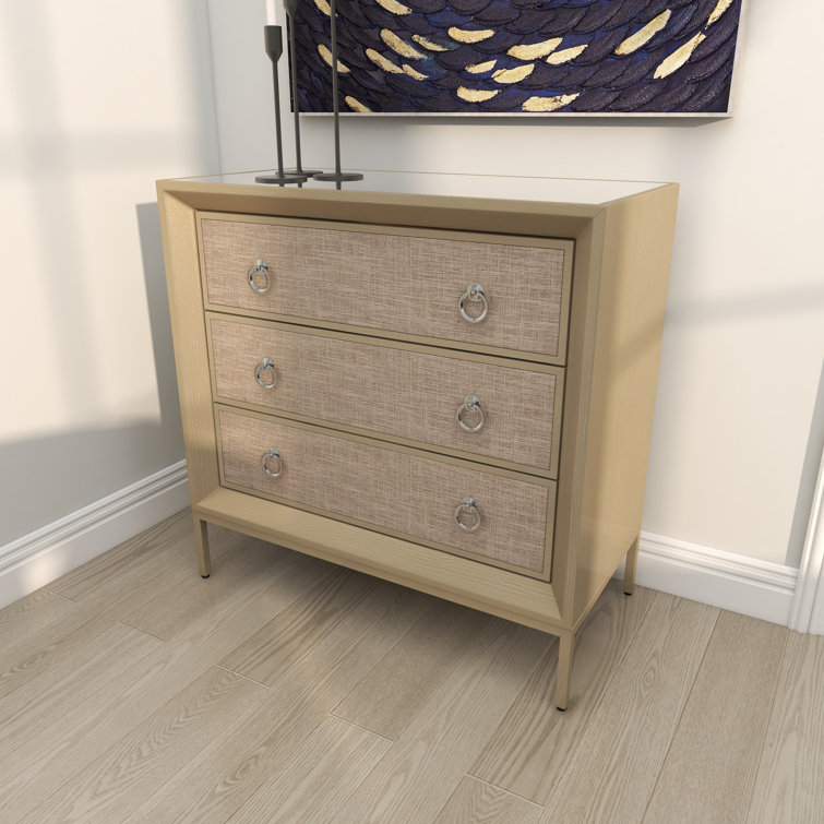 Beige Upholstered 3 Drawer Chest with Mirrored Top and Ring Handles
