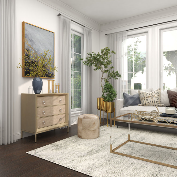 Beige Upholstered 3 Drawer Chest with Mirrored Top and Ring Handles