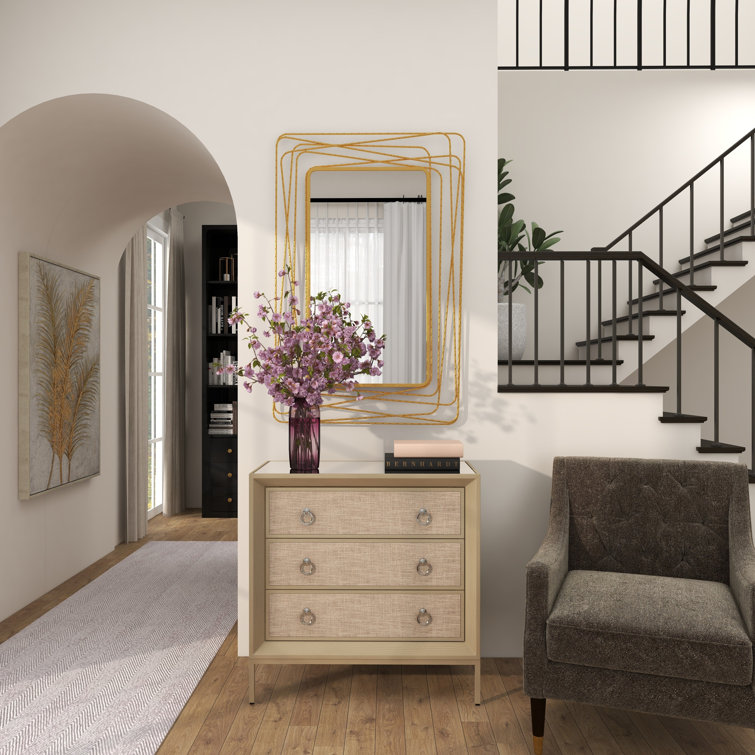 Beige Upholstered 3 Drawer Chest with Mirrored Top and Ring Handles