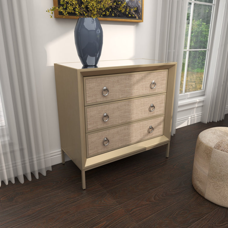 Beige Upholstered 3 Drawer Chest with Mirrored Top and Ring Handles