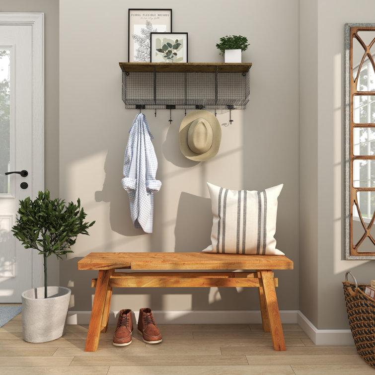 Rustic Trestle-Legged Pale Brown Wood Storage Bench