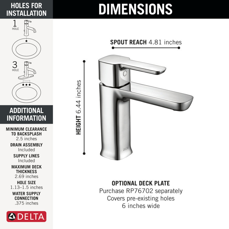 Delta Modern Chrome 6.5" Single Hole Bathroom Faucet with Drain Assembly