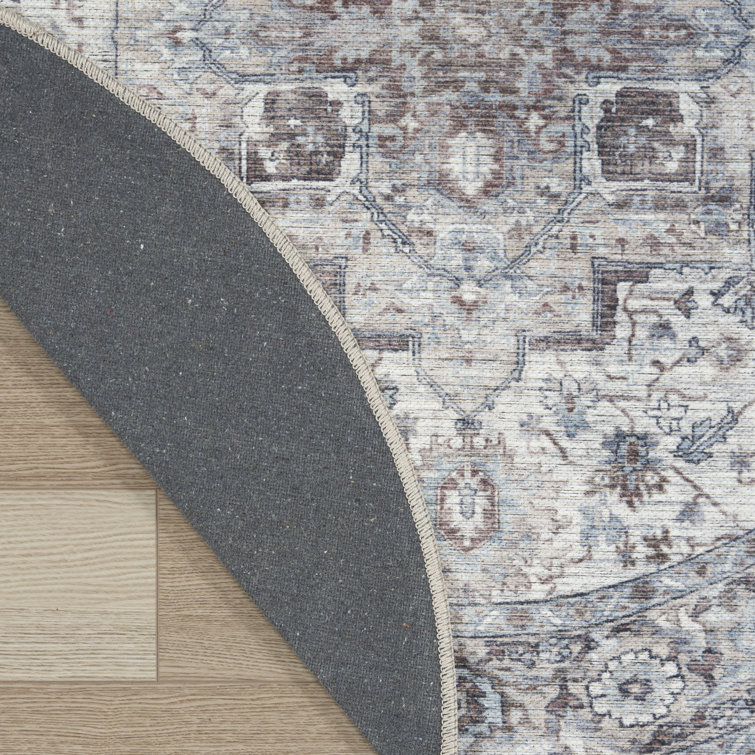 Ivory Beige Round Cotton Chenille Floral Rug, 7'10"