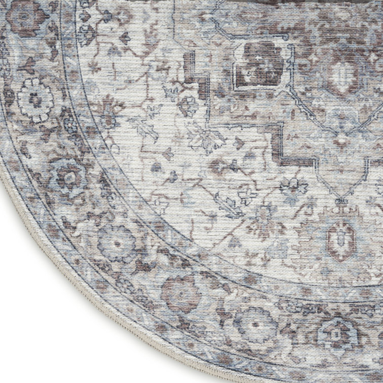 Ivory Beige Round Cotton Chenille Floral Rug, 7'10"