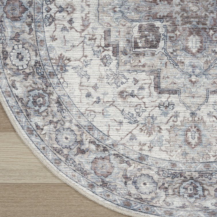 Ivory Beige Round Cotton Chenille Floral Rug, 7'10"