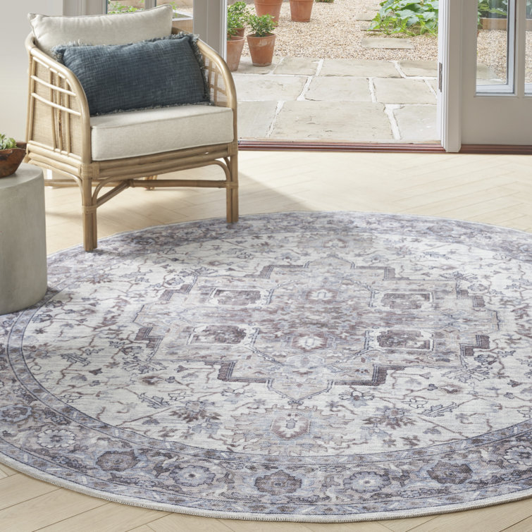 Ivory Beige Round Cotton Chenille Floral Rug, 7'10"