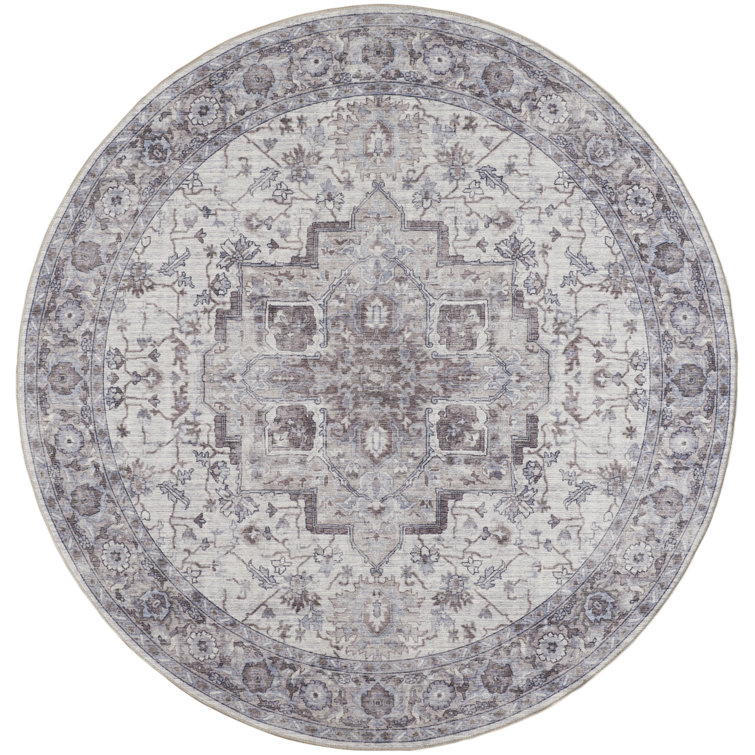 Ivory Beige Round Cotton Chenille Floral Rug, 7'10"