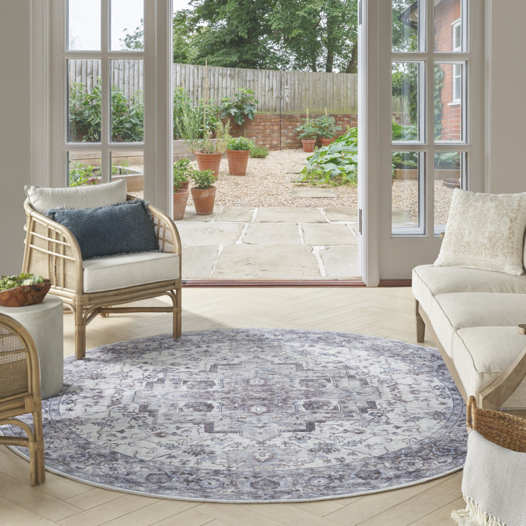 Ivory Beige Round Cotton Chenille Floral Rug, 7'10"