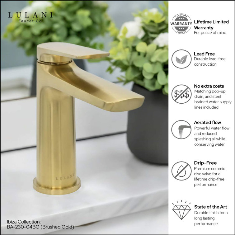 Brushed Gold Single-Handle Brass Bathroom Faucet with Drain Kit