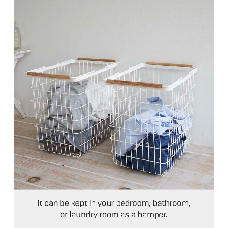 Scandinavian White Steel Collapsible Hamper with Ash Wood Handles and Wheels