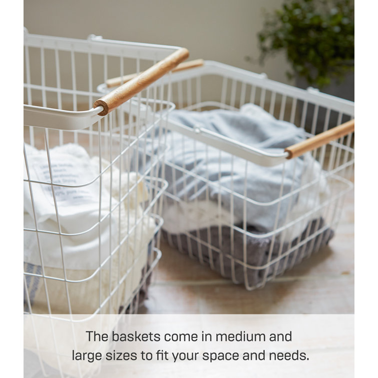 Scandinavian White Steel Collapsible Hamper with Ash Wood Handles and Wheels