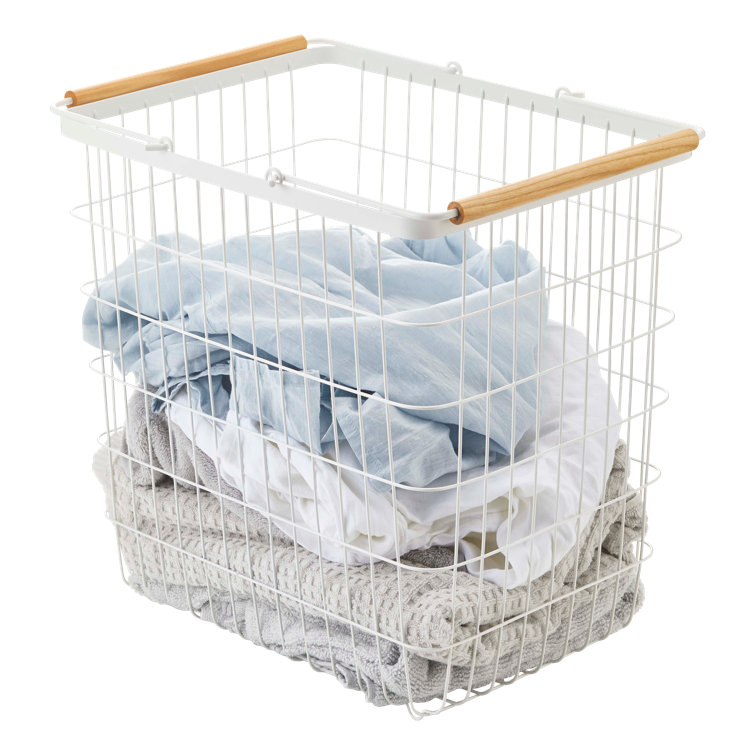 Scandinavian White Steel Collapsible Hamper with Ash Wood Handles and Wheels