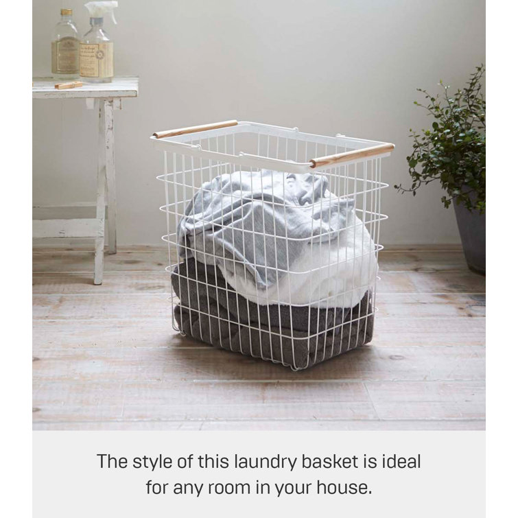 Scandinavian White Steel Collapsible Hamper with Ash Wood Handles and Wheels