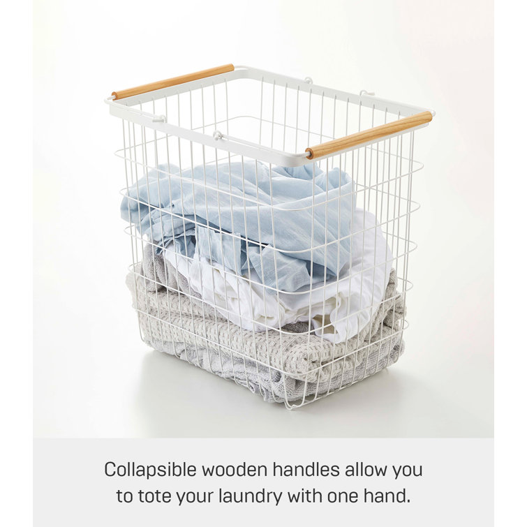 Scandinavian White Steel Collapsible Hamper with Ash Wood Handles and Wheels