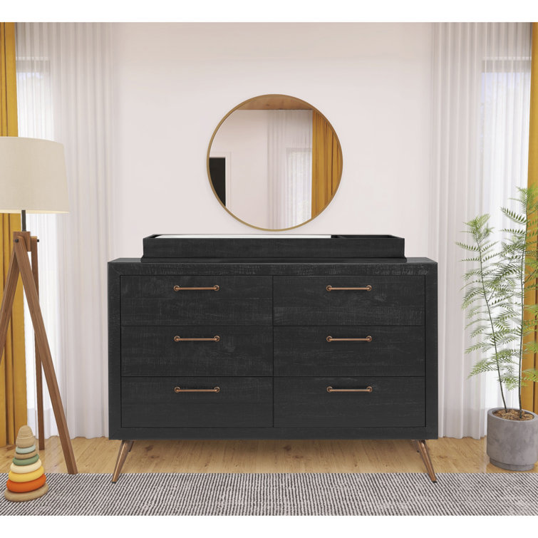 Onyx Black Mid-Century Double Dresser with Bronze Hardware