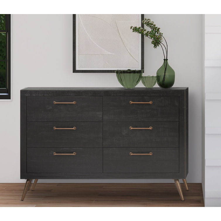 Onyx Black Mid-Century Double Dresser with Bronze Hardware
