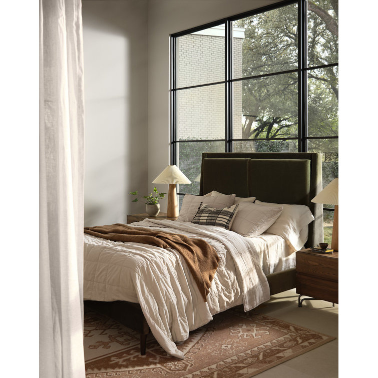 Dover Crescent Queen Bed with Distressed Natural Linen Upholstery