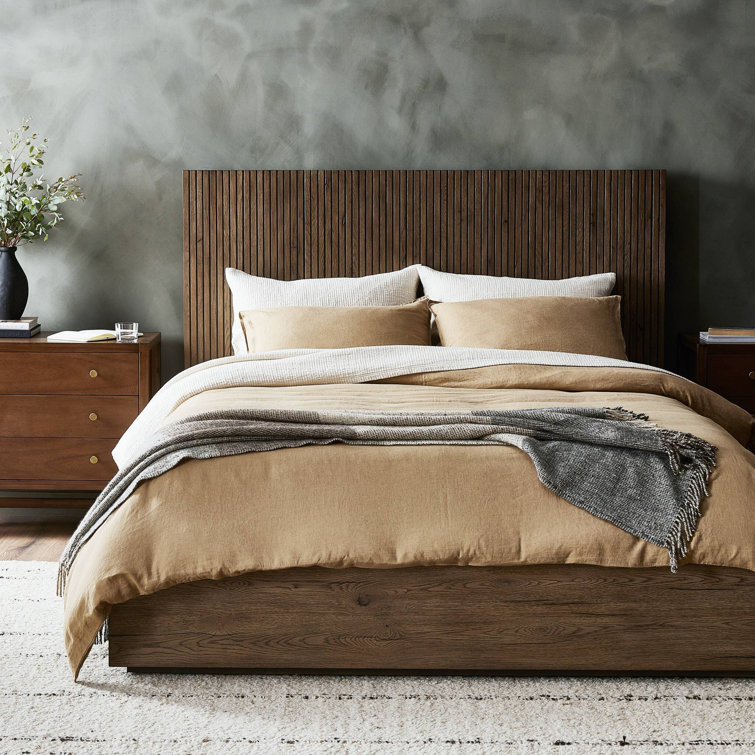 Queen Oak Wood Frame Bed with Headboard and Drawer