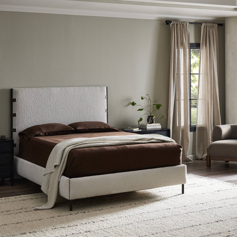 King Cream Upholstered Metal Frame Bed with Faux Leather Straps