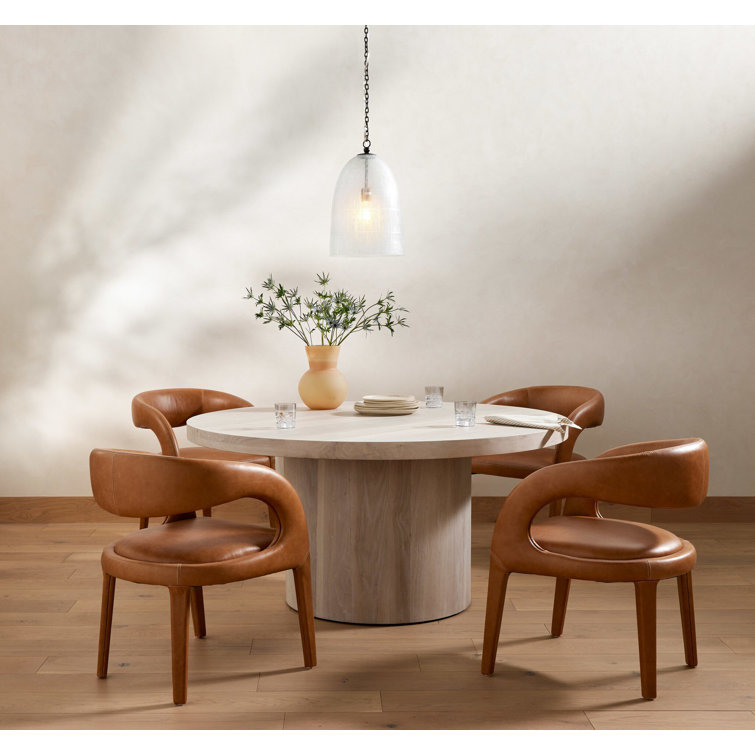 Omari Natural Leather Upholstered Wood Arm Chair