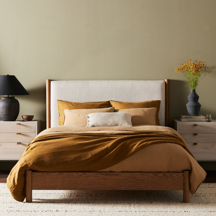 Queen Oak Upholstered Headboard Bed with Slats