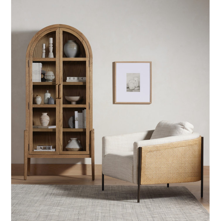Gable Taupe Barrel Chair with Natural Cane and Gunmetal Finish