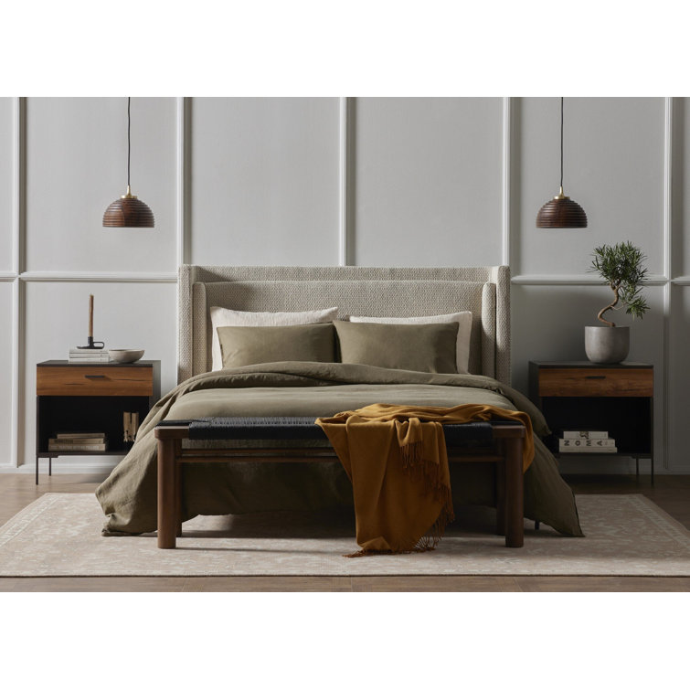 Queen Gunmetal and Oatmeal Upholstered Metal Bed with Slats