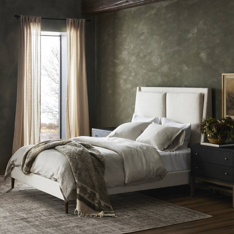 Dover Crescent Queen Bed with Distressed Natural Linen Upholstery