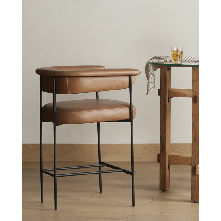 Contemporary Chaps Saddle Brown Leather Counter Stool with Matte Black Metal