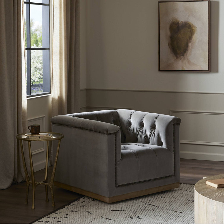 Sapphire Birch Velvet Tufted Swivel Armchair with Nailhead Trim
