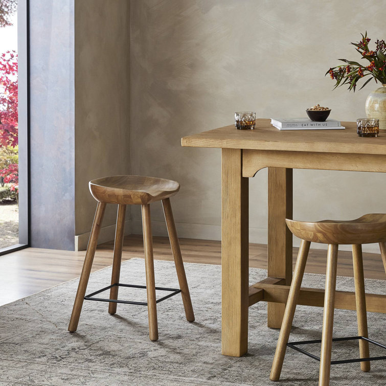 Natural Matte Rubberwood Backless Counter Stool with Metal Footrest