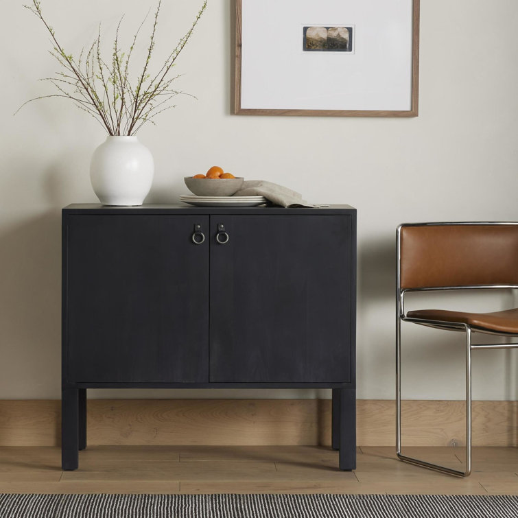 Modern Black Poplar Bar Cabinet with Leather Pulls