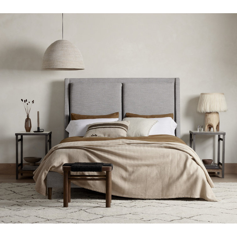 Dover Crescent Queen Bed with Distressed Natural Linen Upholstery