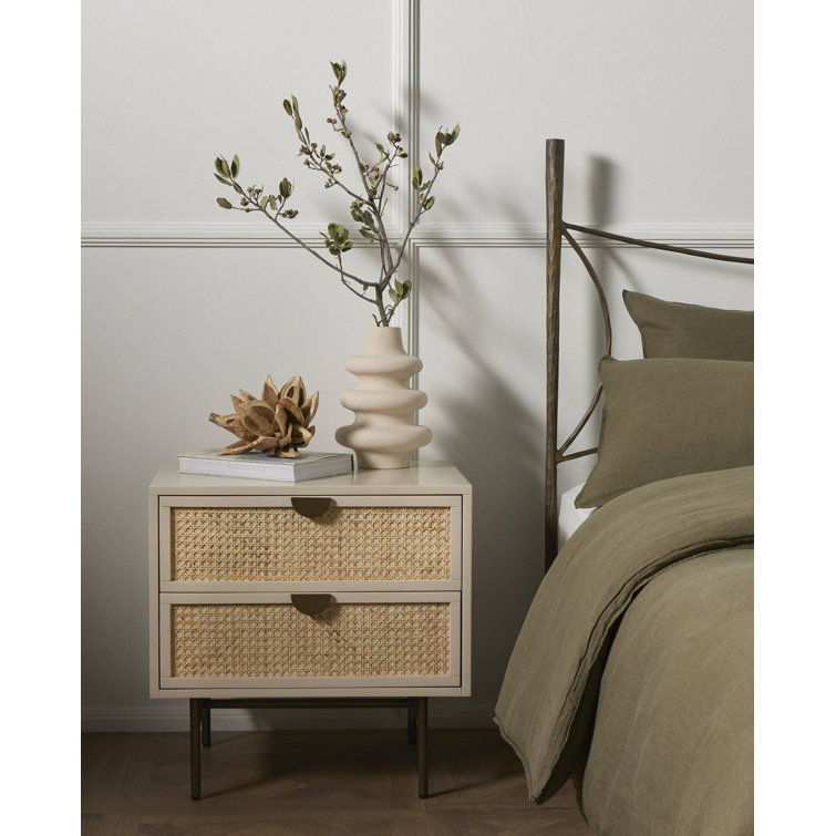 24" Brown and White Cane and Hardwood Nightstand