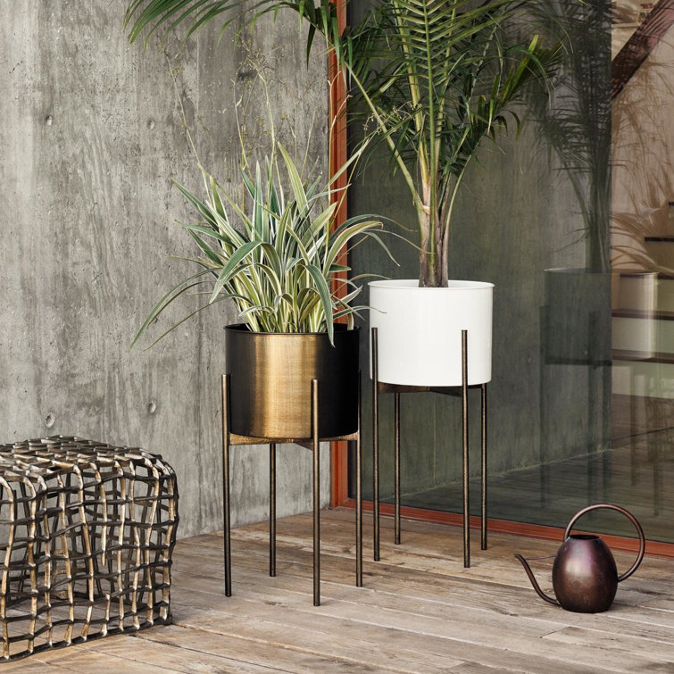 Weathered Brass Round Metal Planter with Stand
