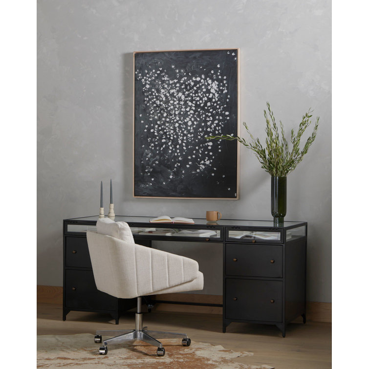 Sleek Black Executive Desk with Shadow Box Display and Filing Cabinet