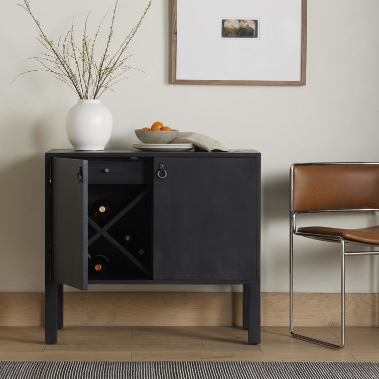 Modern Black Poplar Bar Cabinet with Leather Pulls