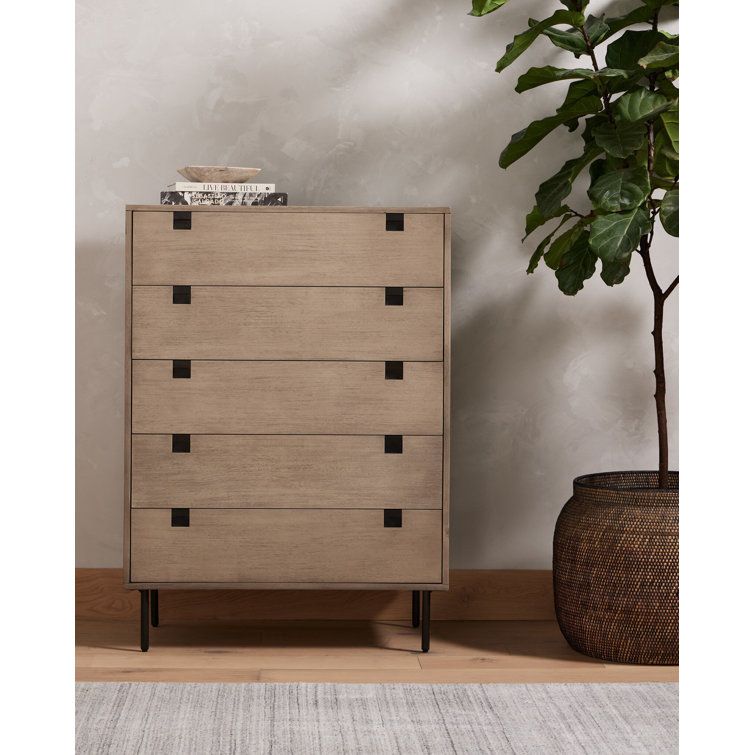 Modern Gray Acacia Veneer 5-Drawer Dresser with Iron Legs