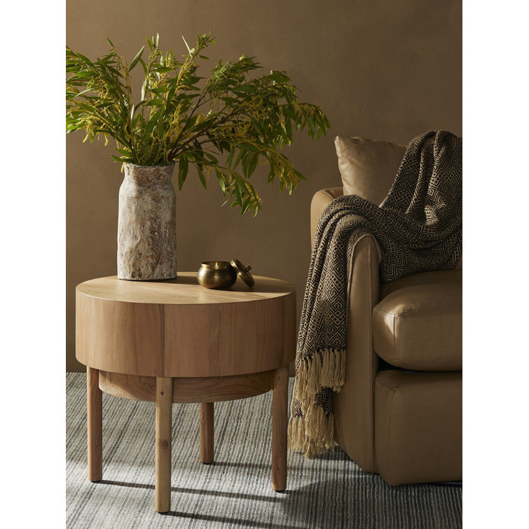 Amber Oak Round Solid Acacia End Table with Natural Finish