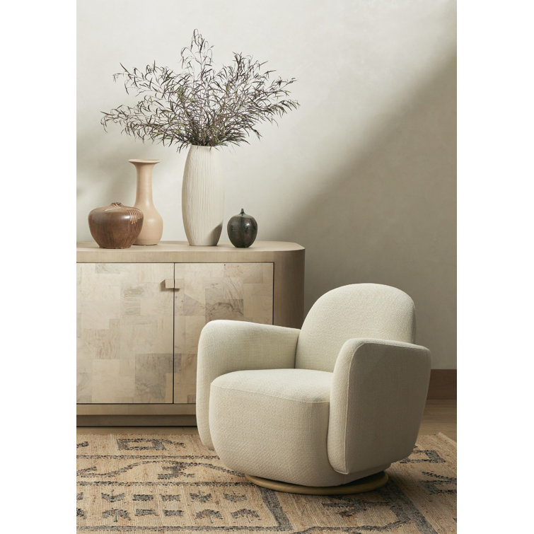 Gibson White Cream Swivel Accent Chair with Wood Base