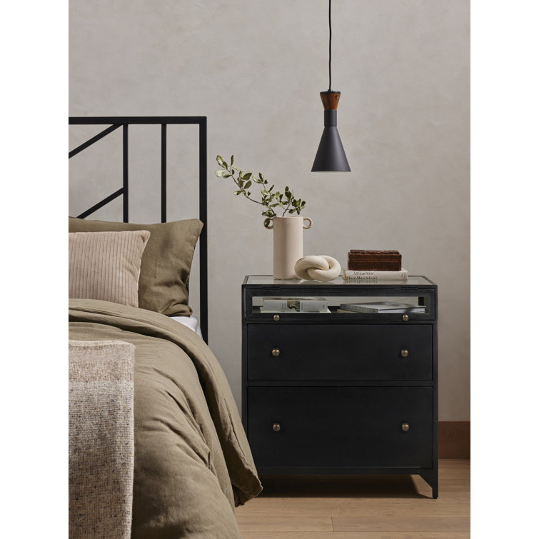 Belmont Matte Black Iron 2-Drawer Nightstand with Glass Enclosure