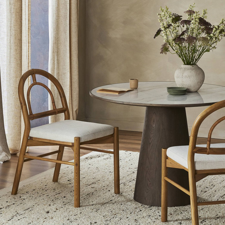 High Burnished Oak and Cane Side Chair with White Linen Upholstery