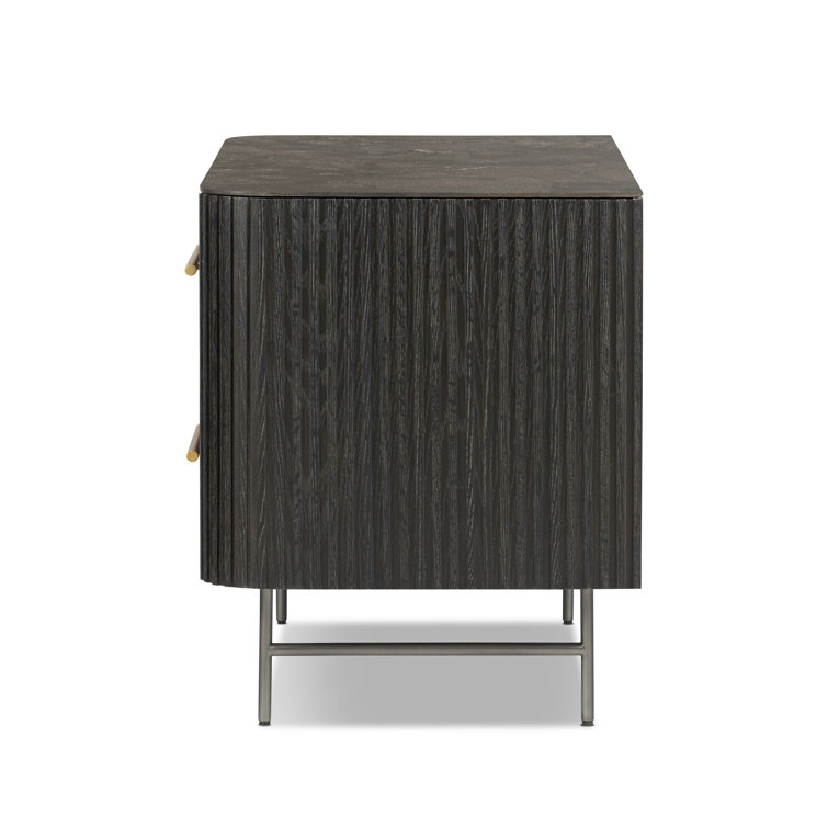 Black Oak and Stone 2-Drawer Nightstand with Brass Handles