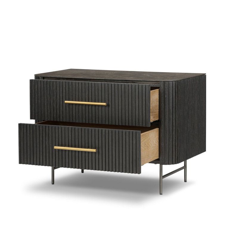 Black Oak and Stone 2-Drawer Nightstand with Brass Handles