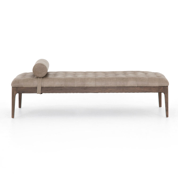 Modern Sonoma Grey 71.5" Tufted Leather Bench with Bolster Pillow