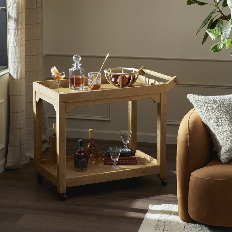 Worn Oak Wood Bar Cart with Storage and Metal Casters