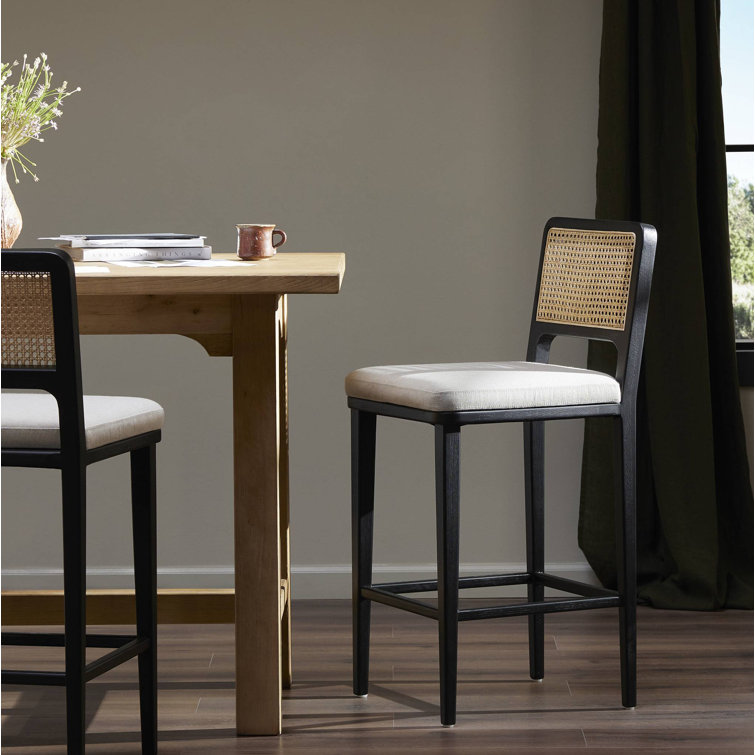 Modern White Linen & Black Beech Wood Counter Stool