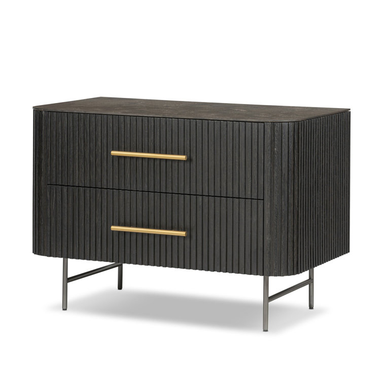 Black Oak and Stone 2-Drawer Nightstand with Brass Handles