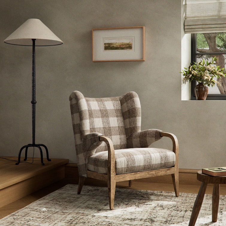 Dresden Pebble Plaid Wingback Chair with Oak Frame